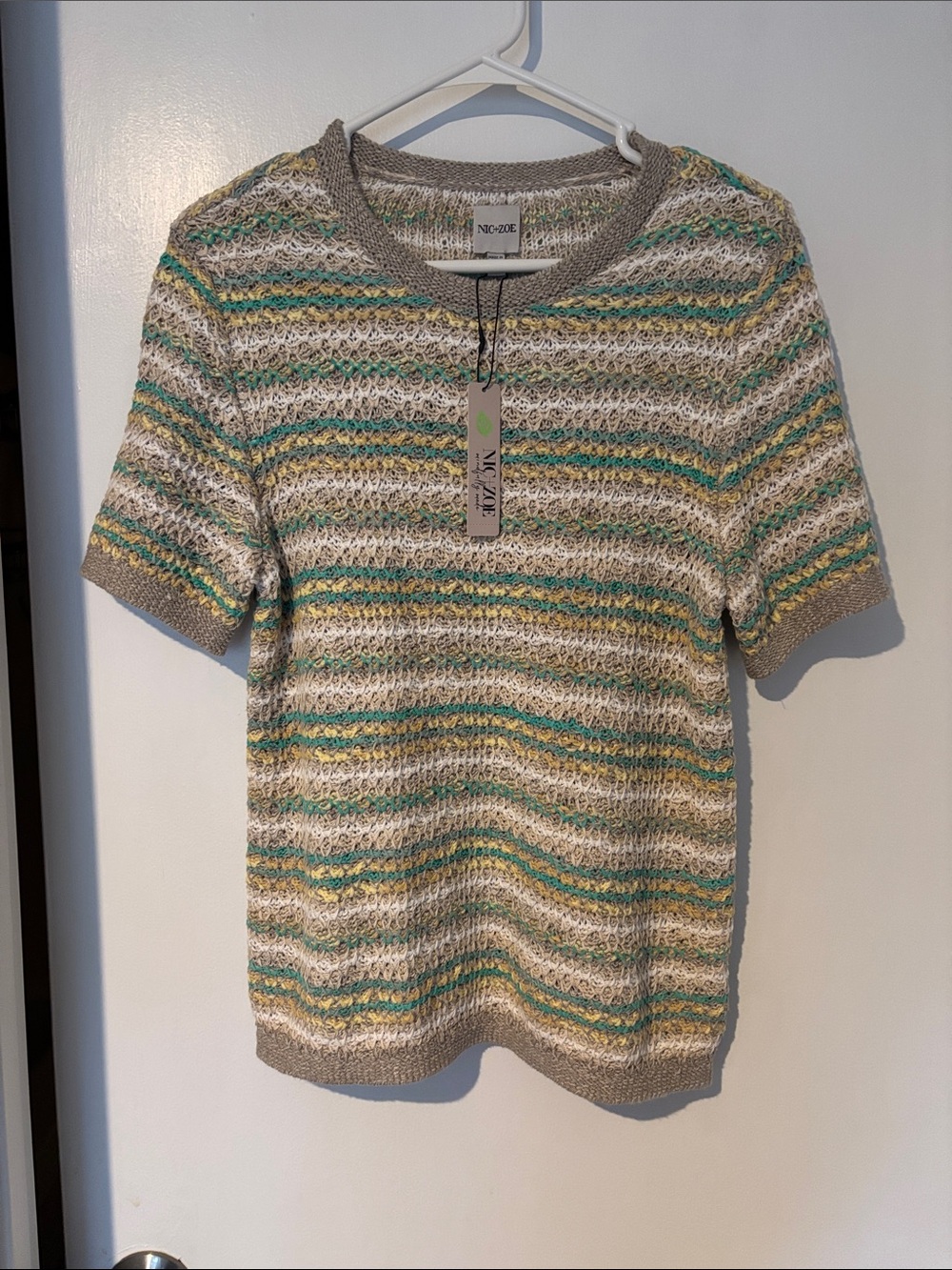 NIC+ ZOE Striped Knit Short Sleeve Top - Cream, Green & Yellow